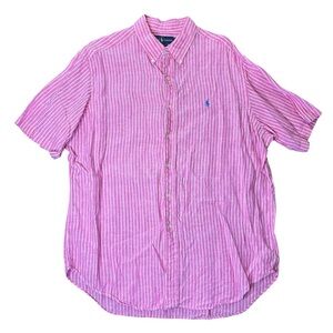 Polo Ralph Lauren Classic Fit Men’s Pink Striped Linen Shirt w/ Blue Logo, XL